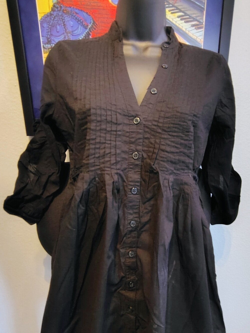 Fire Los Angeles Black Pintuck Cotton Button Front Tunic Top - Size S - Picture 4 of 5
